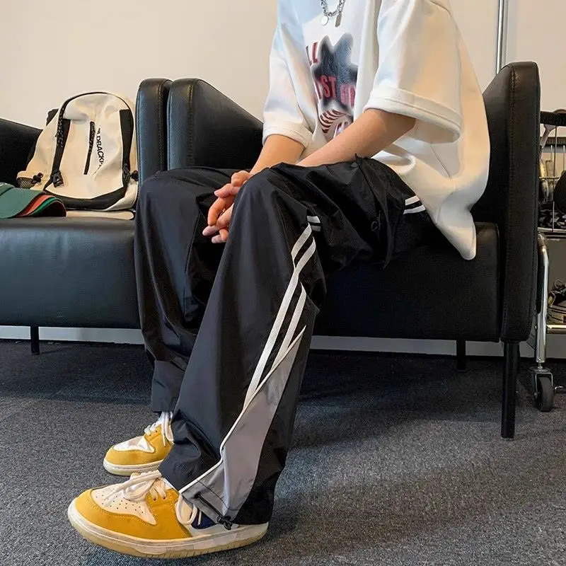 American college style striped casual pants mens spring trend loose high street retro straight wide leg sports pants 250402