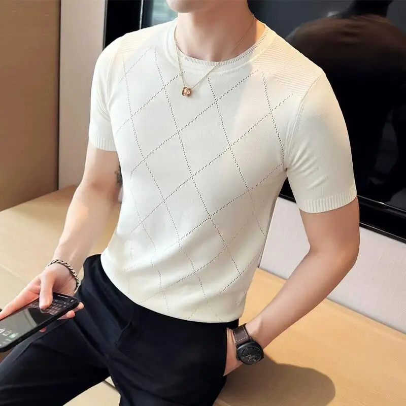 Summer silk breathable short sleeved knitted T-shirt mens round neck slim fit casual elastic T-shirt mens 3XL-M 250403