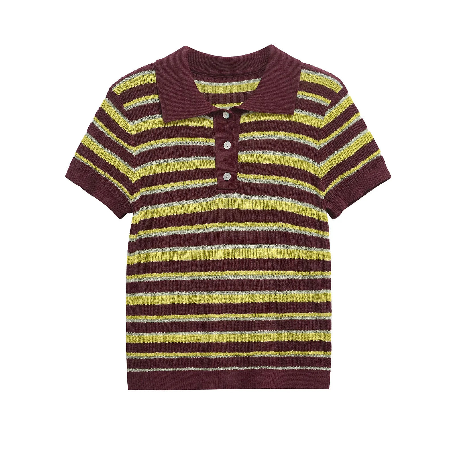 ZBZA Women Striped Knitted Polo Shirt Slim Fit Lapel Short Sleeve Single Breasted Elastic Hem Casual Pullover Spring Summer Top 250403
