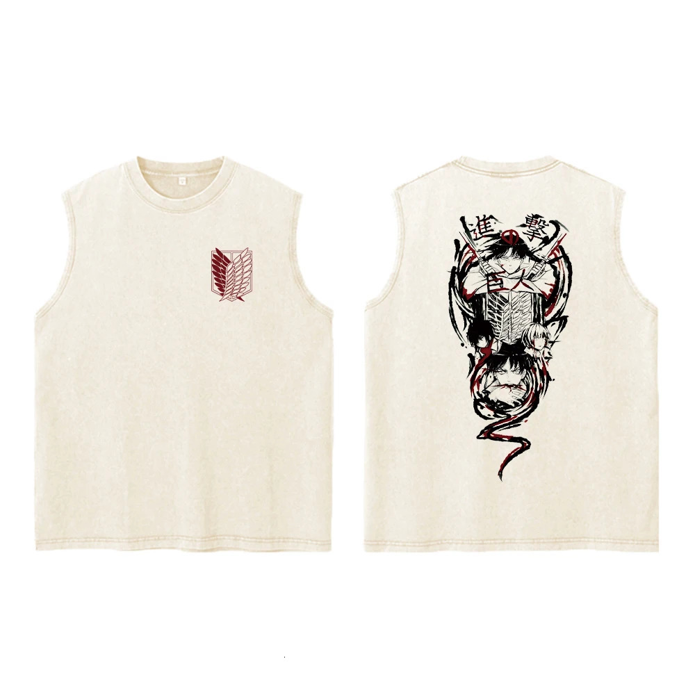 Attack on Titan Anime Acid Washed Printed Vest 100% Cotton Streetwear Tops Vintage Manga Fashion Oversized Vest for Men Unisex 250402