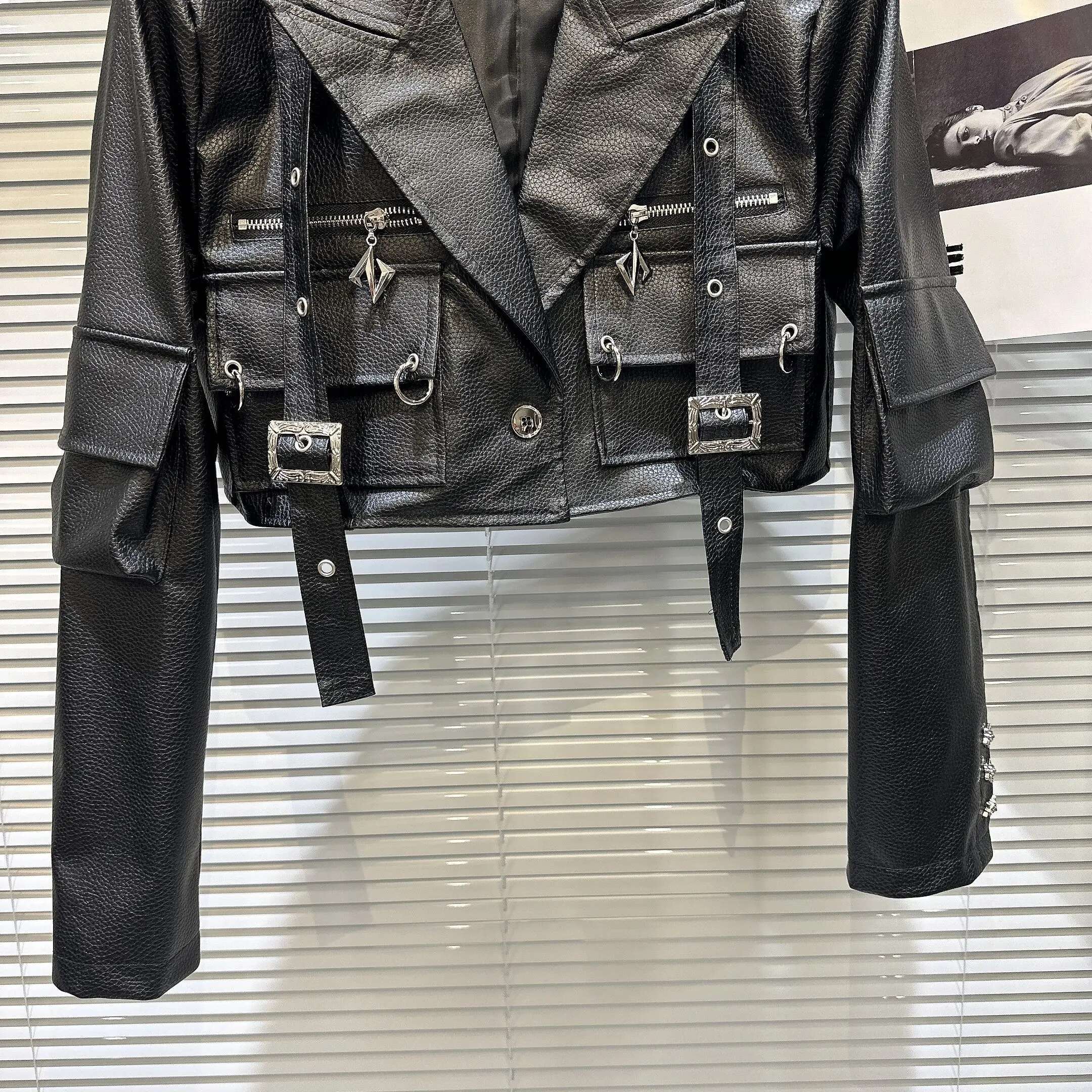 PREPOMP 2023 Autumn New Arrival Multi Pockets Bandage Black Pu Faux Leather Jacket Women GL806