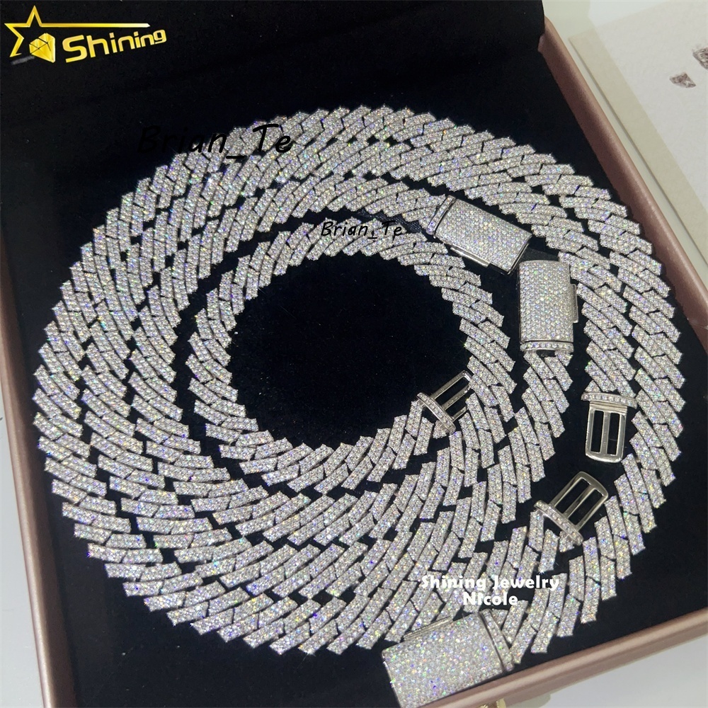 Custom Bling 925 Sterling Silver Miami Cuban Link 13mm Width Moissanite Cuban Chain Necklace