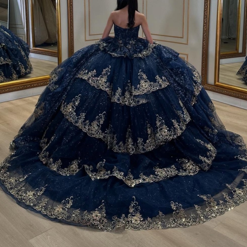 Navy Blue Shiny Quinceanera Dresses Off Shoulder Ball Gown Sweet 16 Dress Sequin Applique Beading Crystal Tull Birthday Party Vestidos 15 Anos