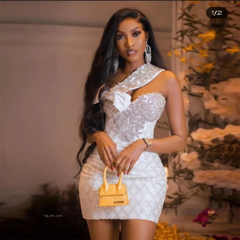 Glitter Sexy Sparkly Prom Dress One Shoulder Appliques Sequins Short Mini Women Evening Cocktail Gowns Formal Party Second Reception Weddings Birthday