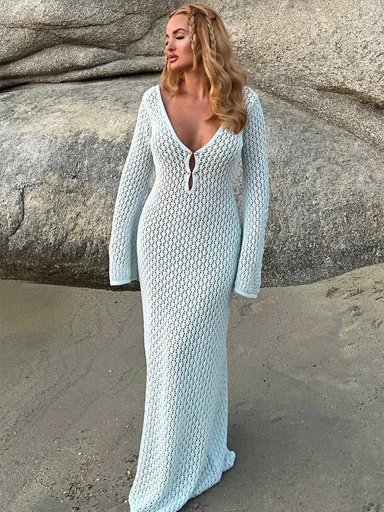 Trendix Knitted Crochet Cover Up Dress Women White Hollow Long Slve Maxi Dresses Vacation V Neck Backless Beach Dress Femme X250403