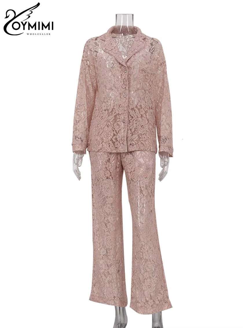 Oymimi Summer Pink Perspective Womens 2 Piece Casual Long Sleeve Button Shirts And High Waist Straight Trousers Female Sets