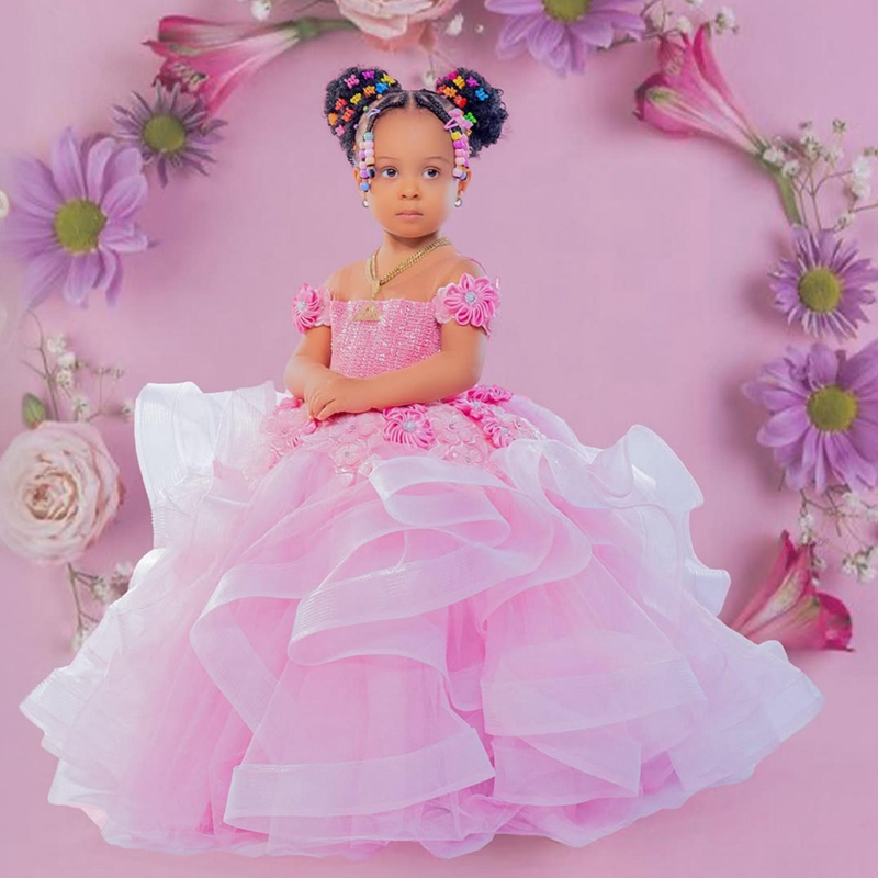 2025 Aso Ebi Pink Flower Girl Dresses Children Birthday Dress Illusion Sheer Neck Flora Appliqued Lace Tiered Tulle Princess Queen Ball Gown For Marri