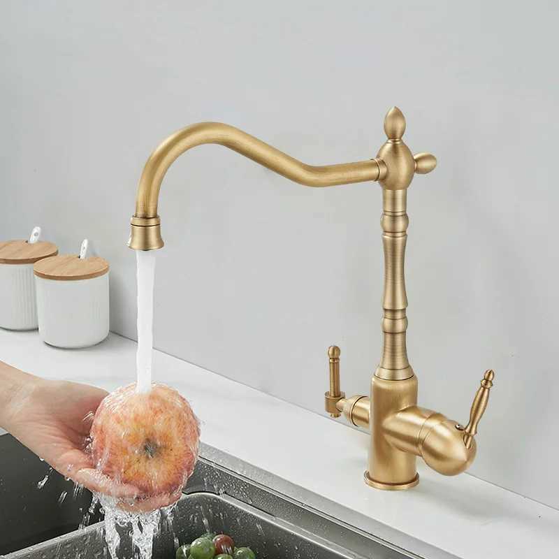 Brass antique light luxury three-in-one e water faucet household sink wash basin hot and cold water faucet splash-proof E1489 Y251104