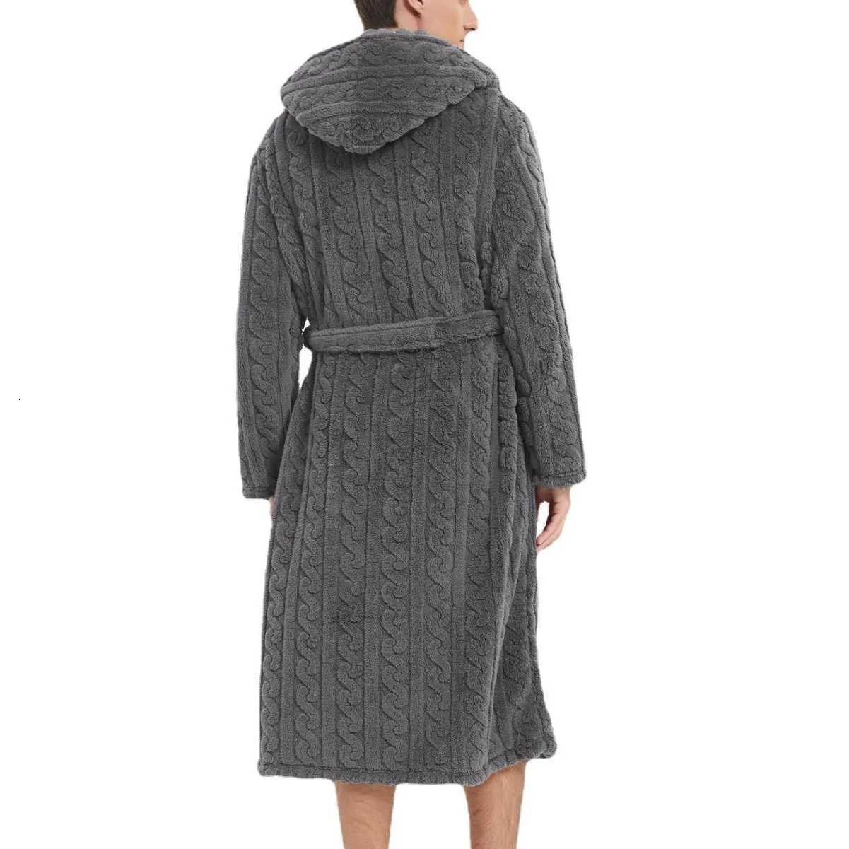 Jacquard Mens Bathrobe Solid Long Sleeve Winter Warm Male Kimono with Sashes Thick Hooded Pockets Men Bath Robe 2025 C251104