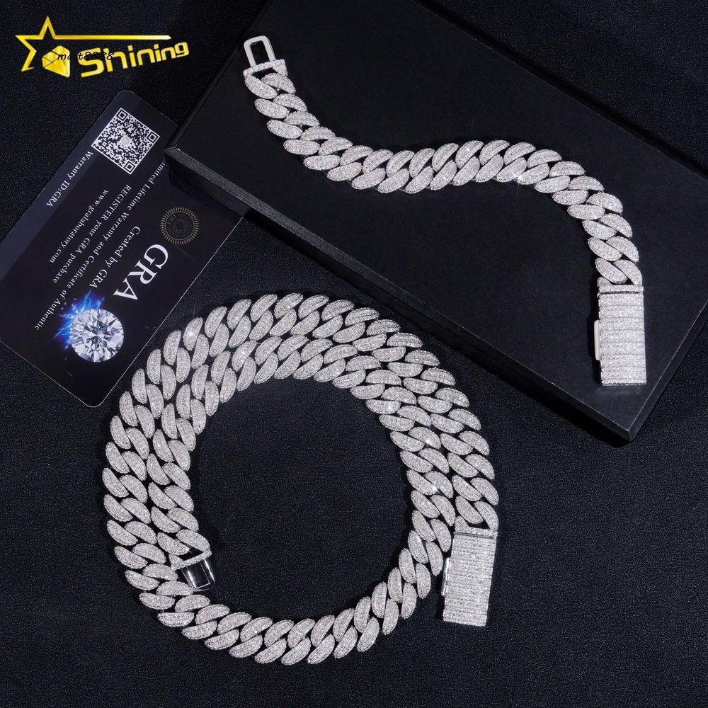 Hot Sale 925 Sterling Silver Iced Out 13mm Rapper Style Hip Hop Prong Moissanite Cuban Link Chain