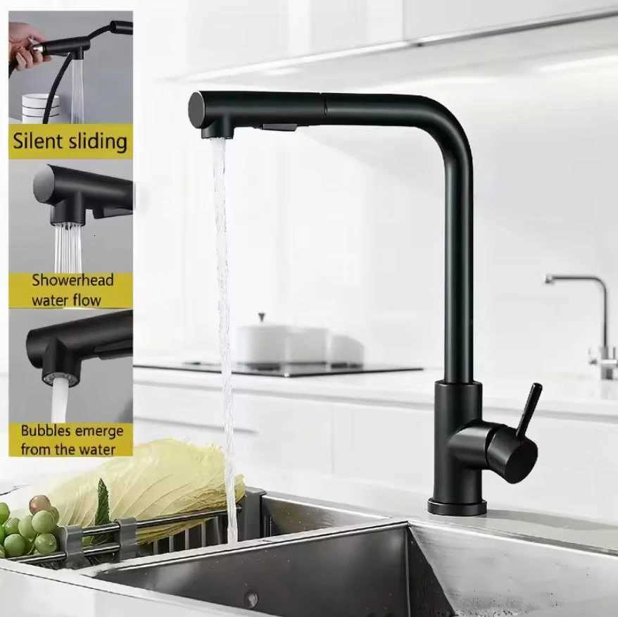 Upgraded Black grey Pl-Out Telescopic Rotary Kitchen Faucet Stainless Steel Hot Cold Dual Mode Easy Install Water Outlet Y251104