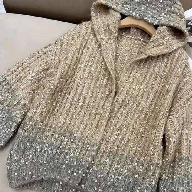 Sequins Gradient Mohair Hooded Long Sleeve Loose Coat Women Sweater Mujer Knitted Cardigan Feminino