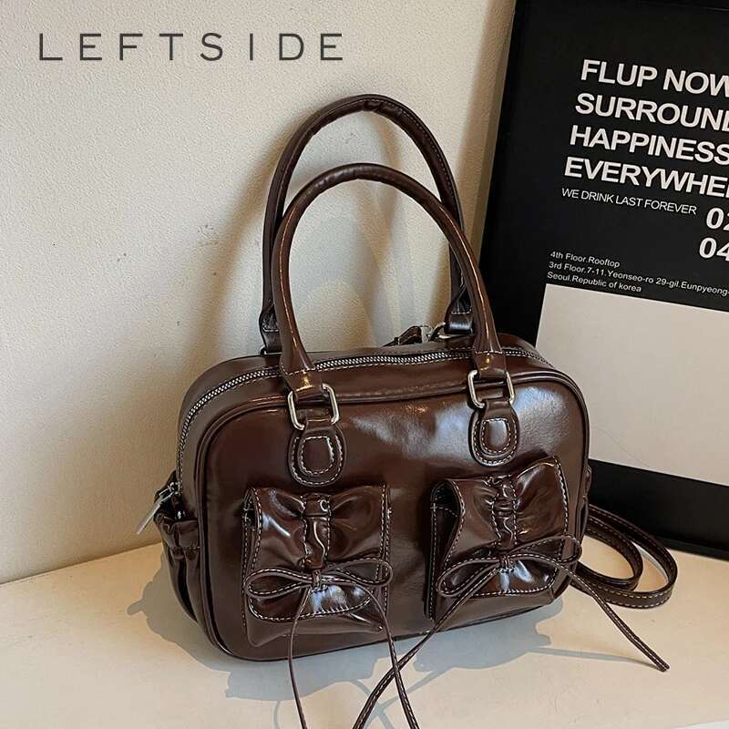 LEFTSIDE Small Bow Design PU Leather Simple Crossbody Bags For Women 2024 Y2k New Trends Shoulder Bag Females Handbags