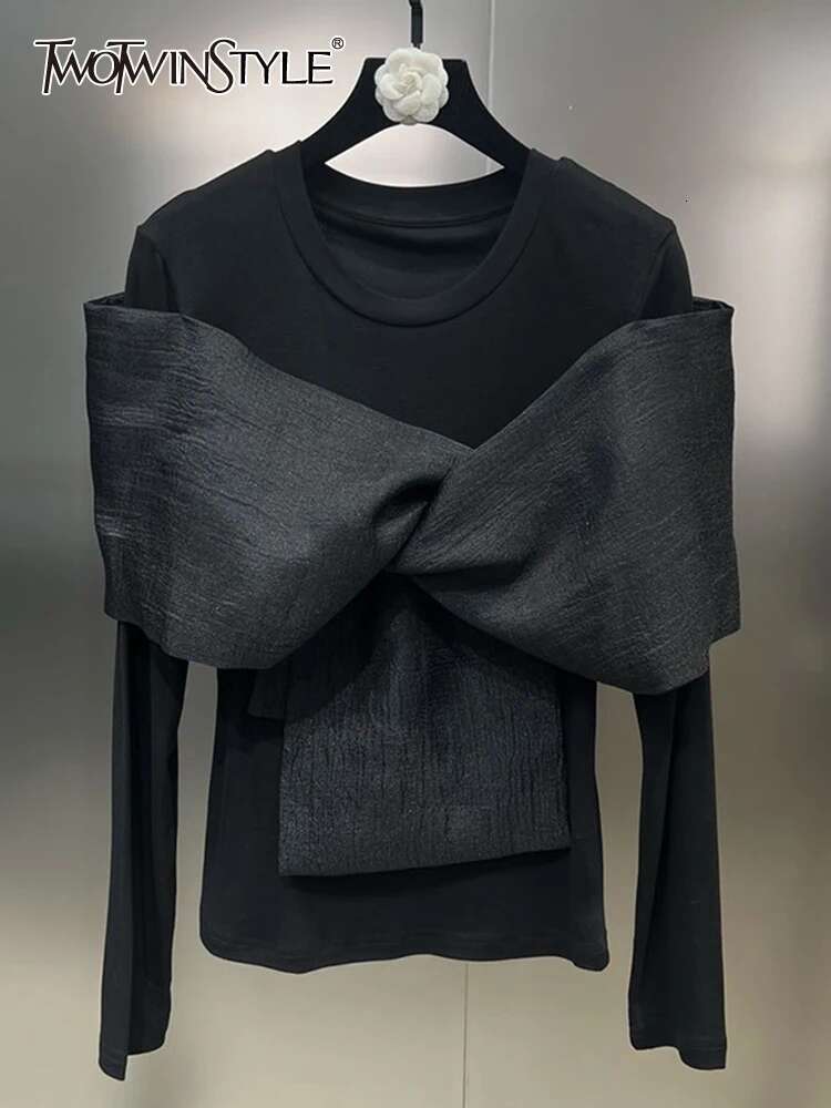 TWOTWINSTYLE Solid Spliced Bowknot Shirt For Women O Neck Long Sleeve Patchwork Mesh Casual Temperament T Shirts Female Style