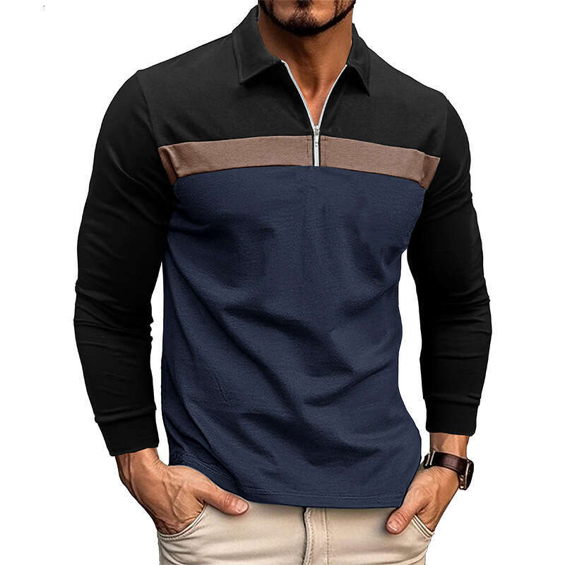 European American T-shirt for autumn winter 2025, collar color blocked polo men's long sleeved shirt, new 2025 style, chic and elegant clothing
