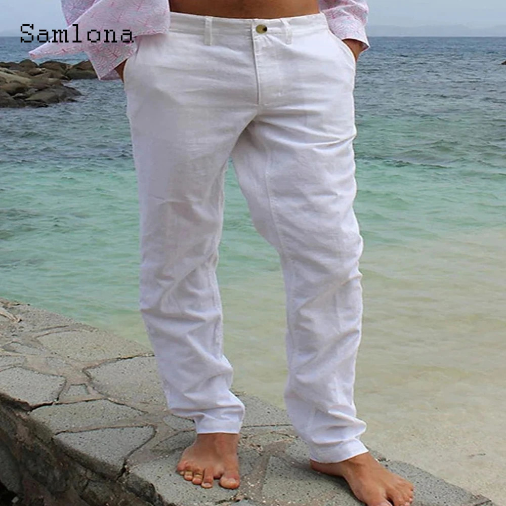 2025 Mens Casual Pocket Linen Pants Solid White Gray Trouser Plus Size Mens Elegant Fashion Sweatpants Men Daily Beachwear 250402