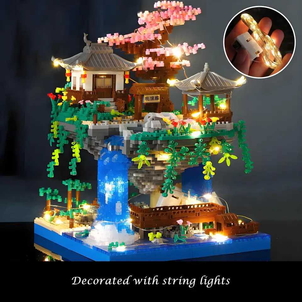 Peach Blossom Lake Building Blocks Micro Building Set Tranquil Garden with Flowers and Lights A Floating Architecture Model C251104