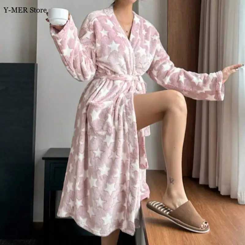2025 Winter Womens Robes Pink Velvet Flannel Bathrobes Long Sleeves Fleece Homewear Leisure Sleepwear Sexy Lingeries for Lady C251104