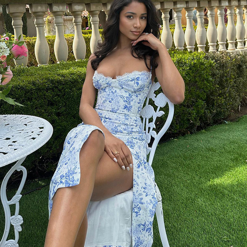 2025 new womens sexy slim fit suspender slit lace strapless small floral dress