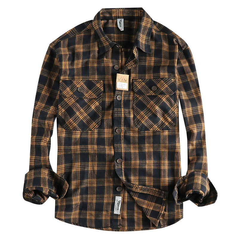 Autumn American Retro Long Sleeve Collar Plain Shirt Mens Fashion 100% Cotton Wash Double Pocket Casual Youth Top 250403