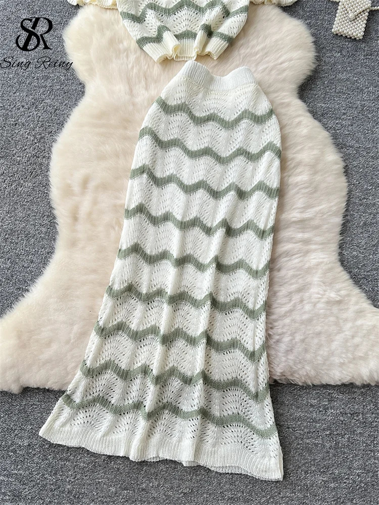 SINGREINY Summer Beach Knitted Suits Loose Basic TopsHigh Waist Long Skirt Hollow Out Striped Korean Female Two Pieces Sets 250403