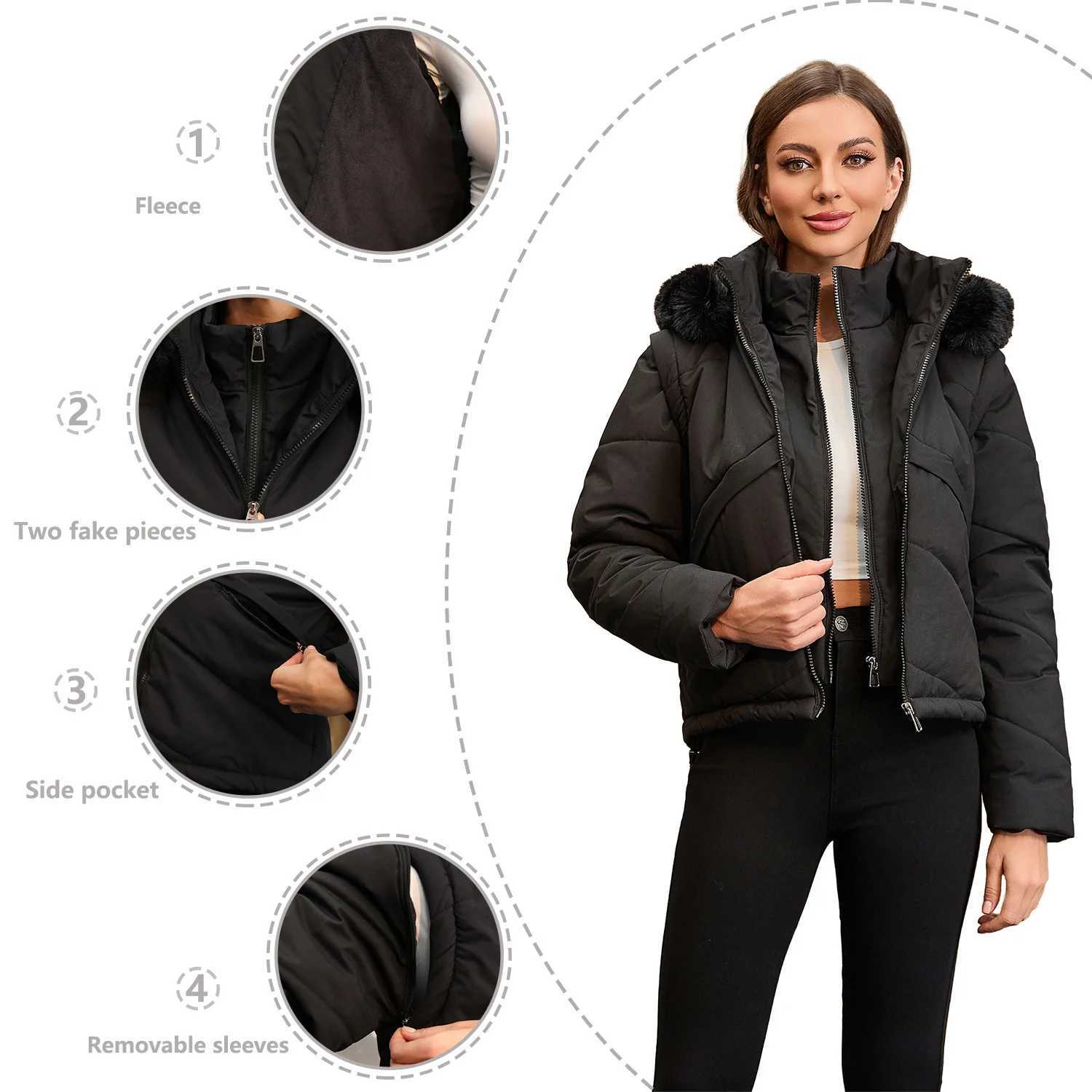 Womens jacket Faux 2pcs Cotton Padded Puffer jacket Hooded Winter Down Jackets Coats Parkas Detachable Sleeves Waistcoat HXY378 J251104