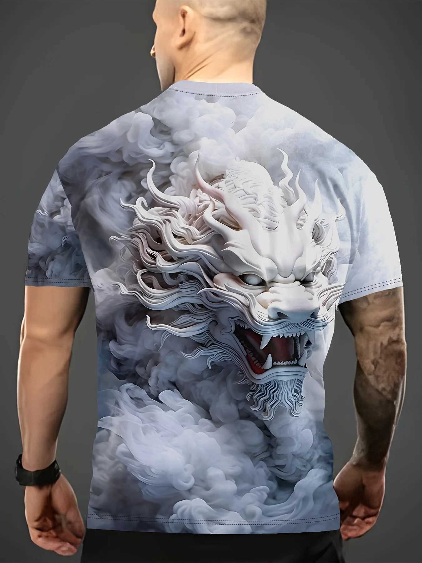 New Design Chinese Loong 3D Printing Crew Neckline Short Sleeve T-shirt Mens Casual Summer T-shirt Resort T-shirt Top W250403