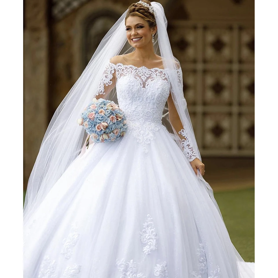 Long Sleeves Princess Wedding Dresses Lace Appliques Chapel Train Bridal Gown Elegant White Vestido De Novia 2025