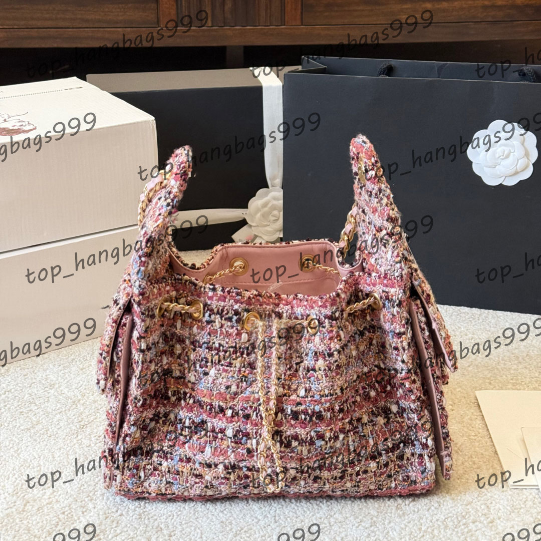 Colorful Knitting Tweed Designer Ladies Hobo Shopping Bucket Bag Stripes Pattern Purse Gold Adjustable Buckle Chain String Drawstring Shoulder Handbag 25x20cm