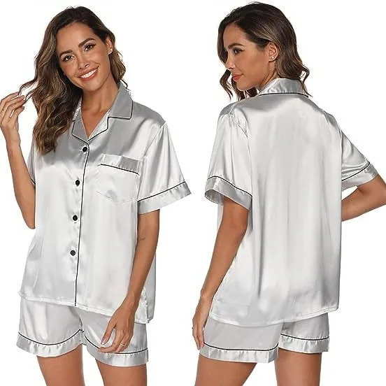 2025 Summer Ice Silk Pajamas Womens Short Sleeve Shorts Satin Large Size Pajamas Home Clothes Set Pyjamas Women 250403