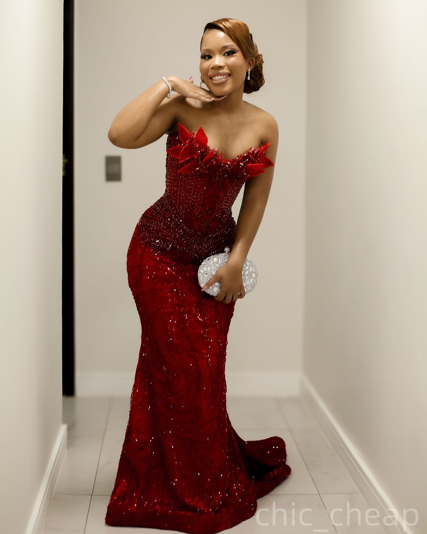 Red Mermaid Prom Dresses 2026 Florals Beaded Crystals Sequined Evening Formal Party Second Birthday Engagement Gowns Plus Size Dress For Special Occas