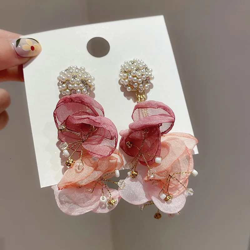 Bohemian Pink Snow Spinning Flower Earrings Handmade Pearl Crystal Multi Layer Jewelry 250326