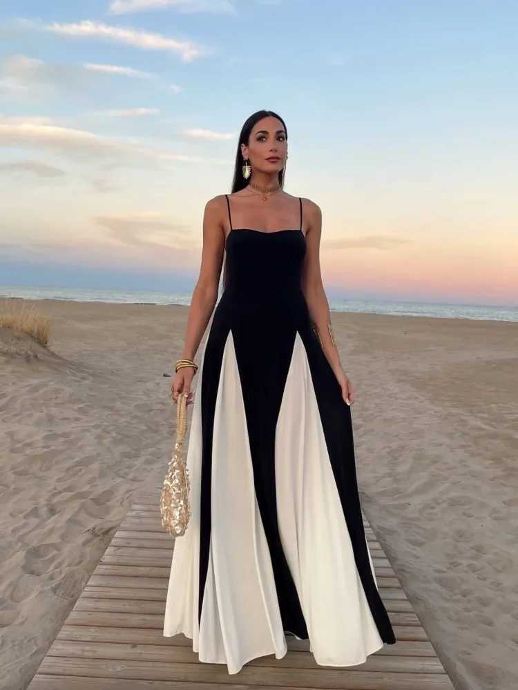 Elegant Black White Dress Color Clash Women Halter Backless Dresses Slveless High Waist Floor Length Dresses Party Gowns X250403