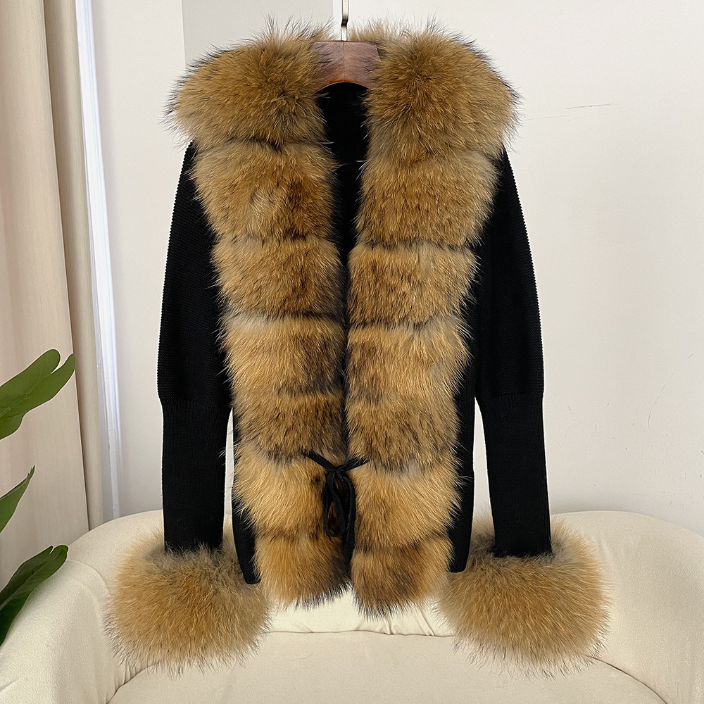 Autumn Winter New Detachable Real Fox Fur Placket Cuff Fur Knitwear Fur Coat 241121