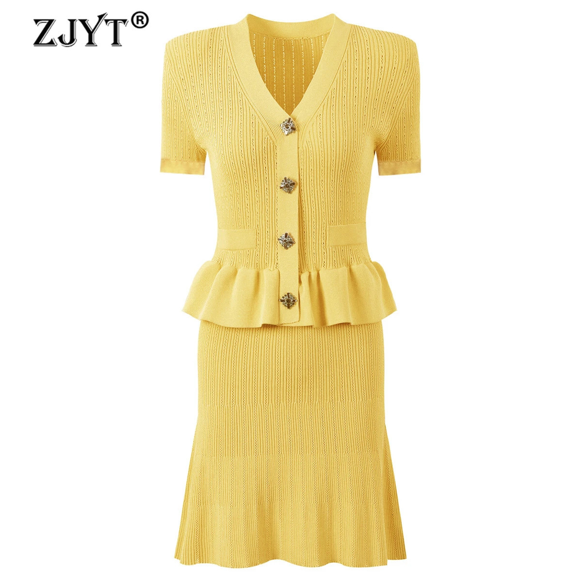 ZJYT Womens Summer Knitted Sweater 2025 Short Sleeve Vneck Ruffle Crystal Button Elegant Party Dress Yellow Blue 250403e