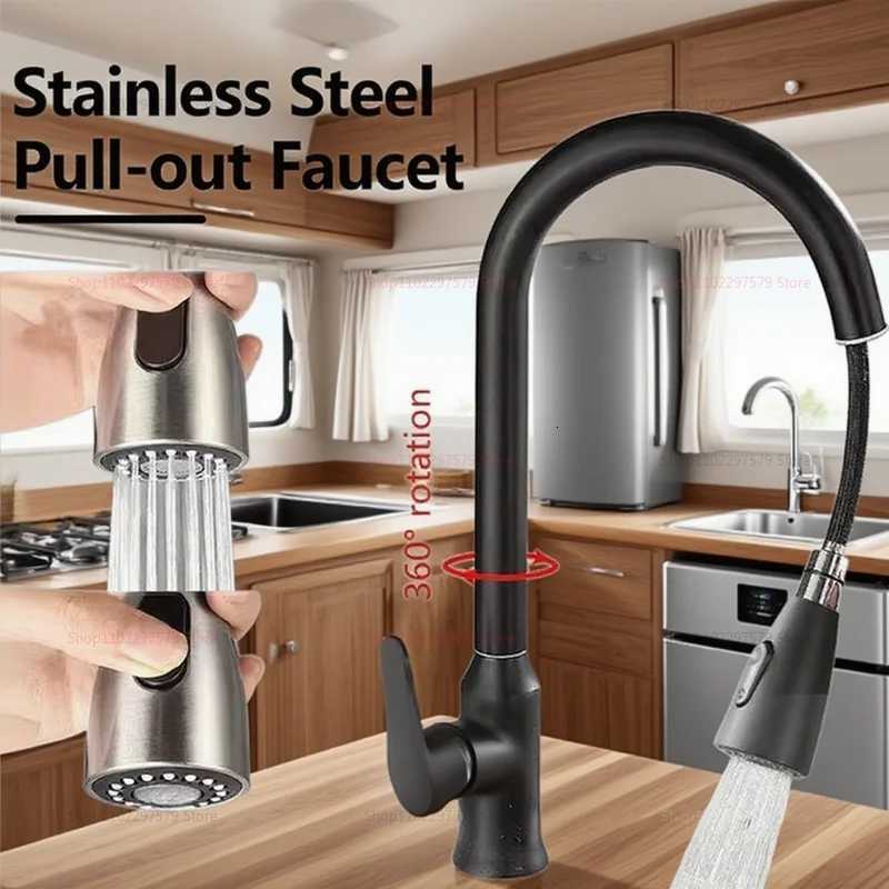 New Stainless Steel Kitchen Faucet with Pl Out Spray Single Hole 360 Swivel Sink Mixer Flow Spray Durable Easy to Install Y251104