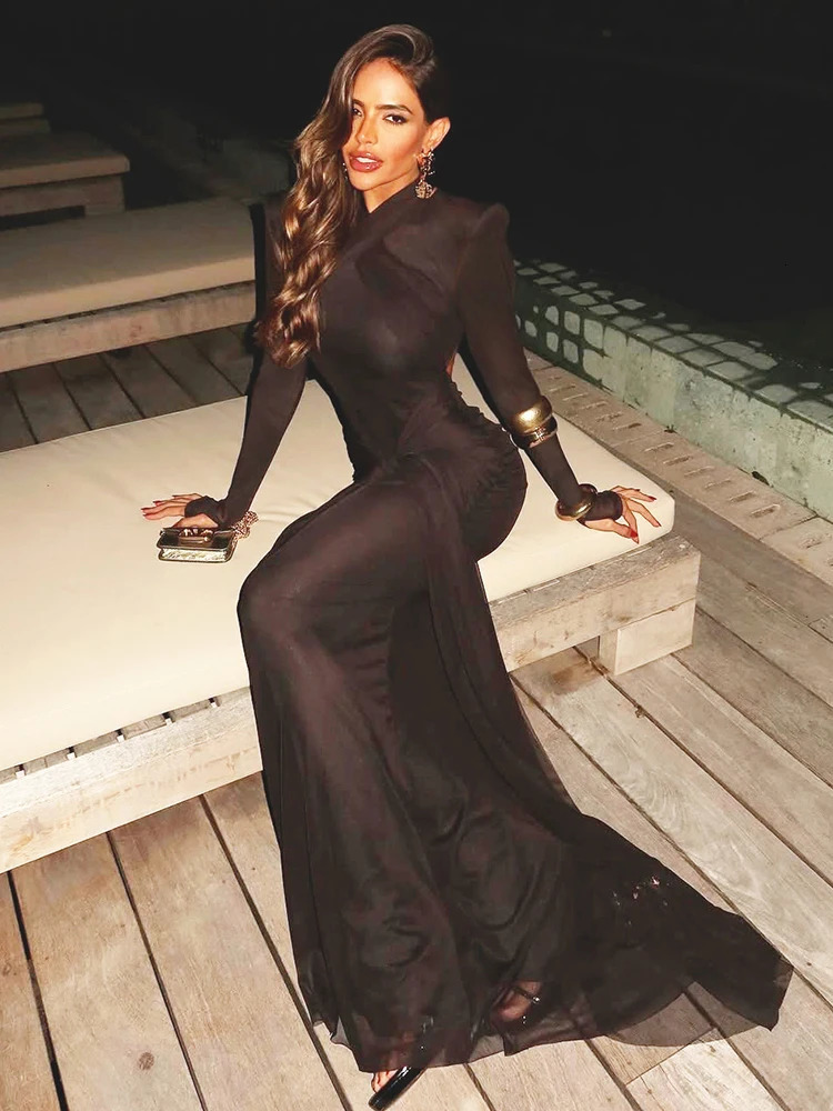 Nibber Hipster Christmas Maxi Dress Women Elegant Y2K Long Sleeve Shoulder Padded Bandage Ribbon Sexy Skinny Stretch Vestidos 251030