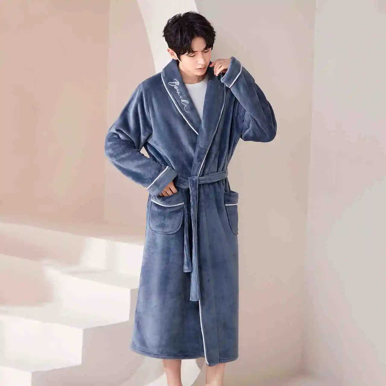 Large Size 3Xl Flannel Warm Robe Kimono Mens Bathrobe Gown Winter Coral Fleece Sleepwear Nightwear Loose Thickened Home Wear C251104