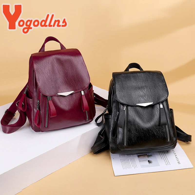 Yogodlns Backpack For Women Soft PU Leather Backpack Travel Large Capacity School Bag Double Zipper Business Knapsack251104ww
