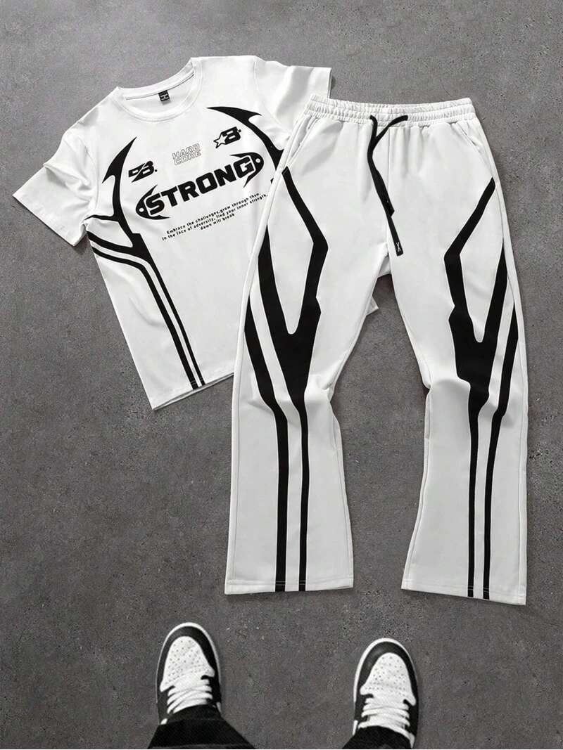 Trendy Two Piece Fashion STRONG Letter Printed Crew Neck T-Shirt And Trousers Set Hip Hop Wear Men's Clothing