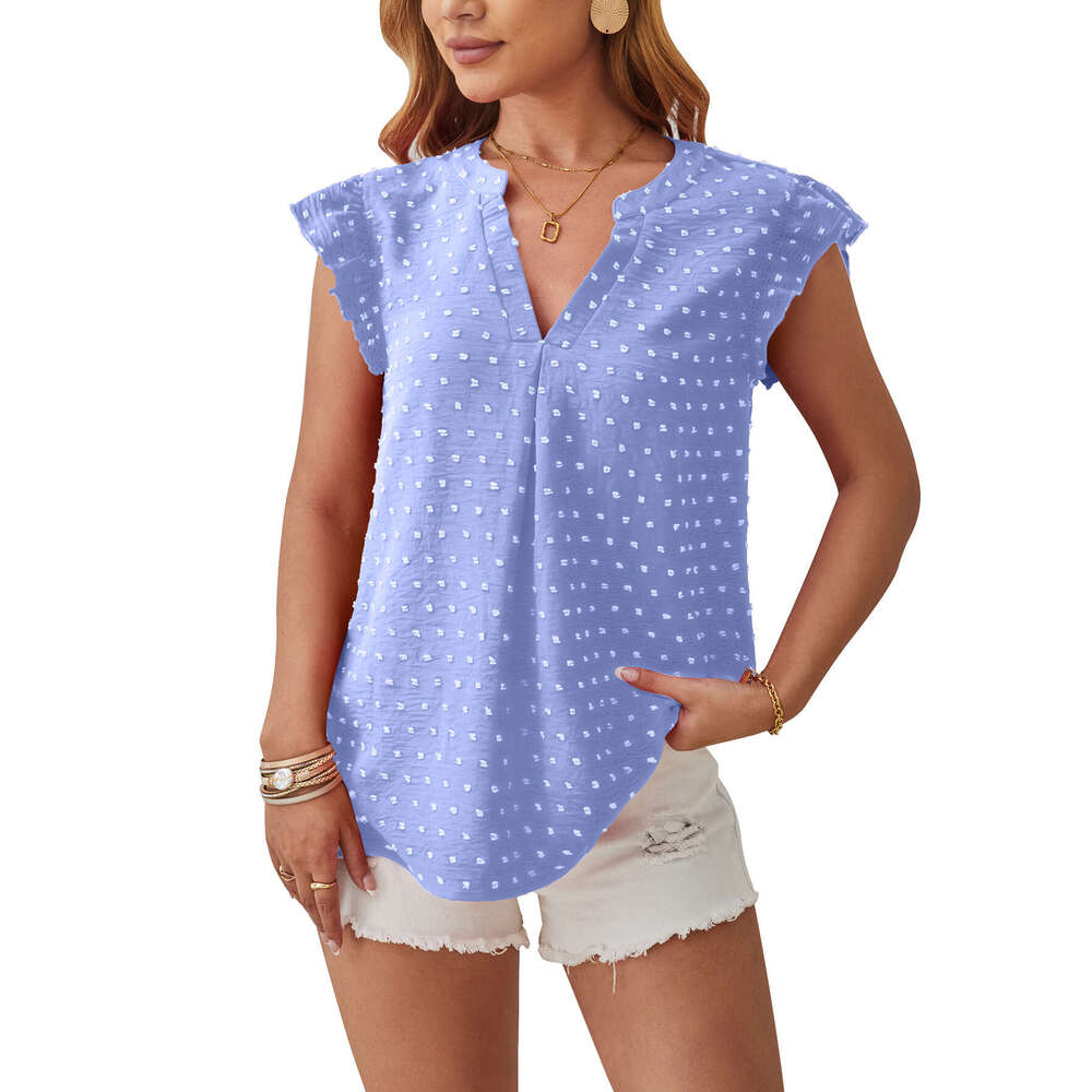 European and American women's spring/summer item V-neck woven jacquard pile sleeve casual work top 2025 temperament versatile new trend clothing 