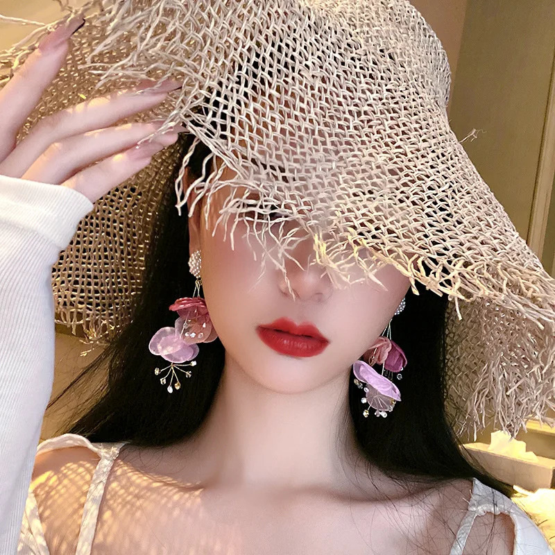 Bohemian Pink Snow Spinning Flower Earrings Handmade Pearl Crystal Multi Layer Jewelry 250326