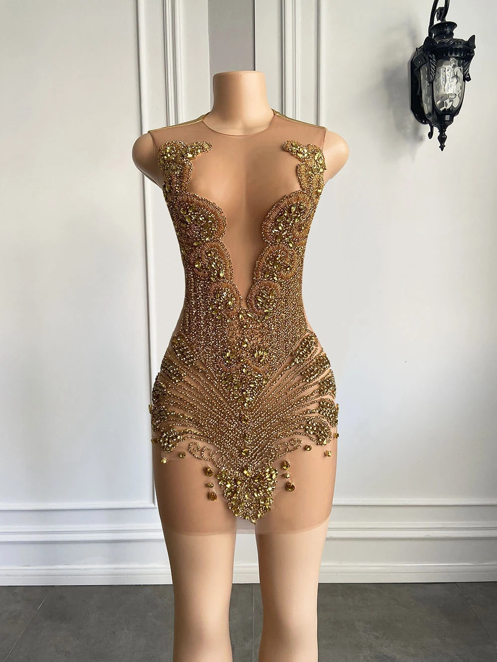 Sexy Sheer See Through Black Girl Short Ball Dress Gold Diamond Beaded Crystal Womens Cocktail Party 250403