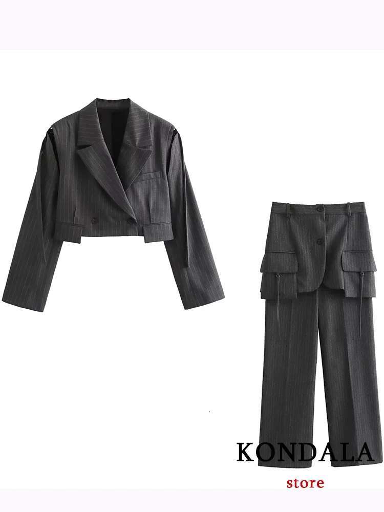 KONDALA Casual Black Striped Women Suit V Neck Single Button Blazer Straight Loose Pants Fashion 2023 Autumn Office Lady Set