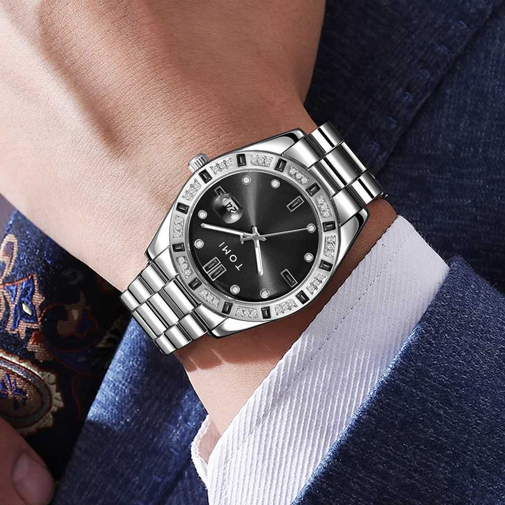 TOMI 4PCS Luxury Business Mens Watch Gift Box Set Luxury Diamond Case Calendar Stainless Steel Strap Quartz Watch Mens ClockT251104