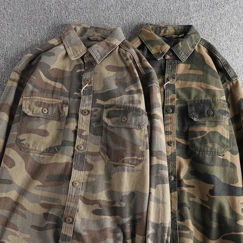 Khaki washed retro thick woven cotton cargo long sleeved shirt mens autumn and winter casual jacket 250403e