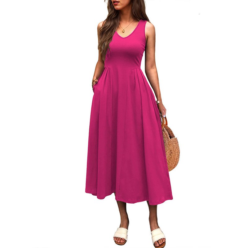 New 2025 Spring/Summer Elegant Waist Pocket pleated Tank Top Solid Color Long Dress