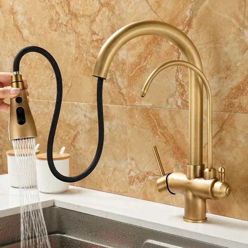 Antique Pl Out Kitchen Faucet Solid Brass Crane Kitchen Deck Mounted Water Filter Tap Sink Faucet Mixer 3 Way Kitchen Faucet Y251104