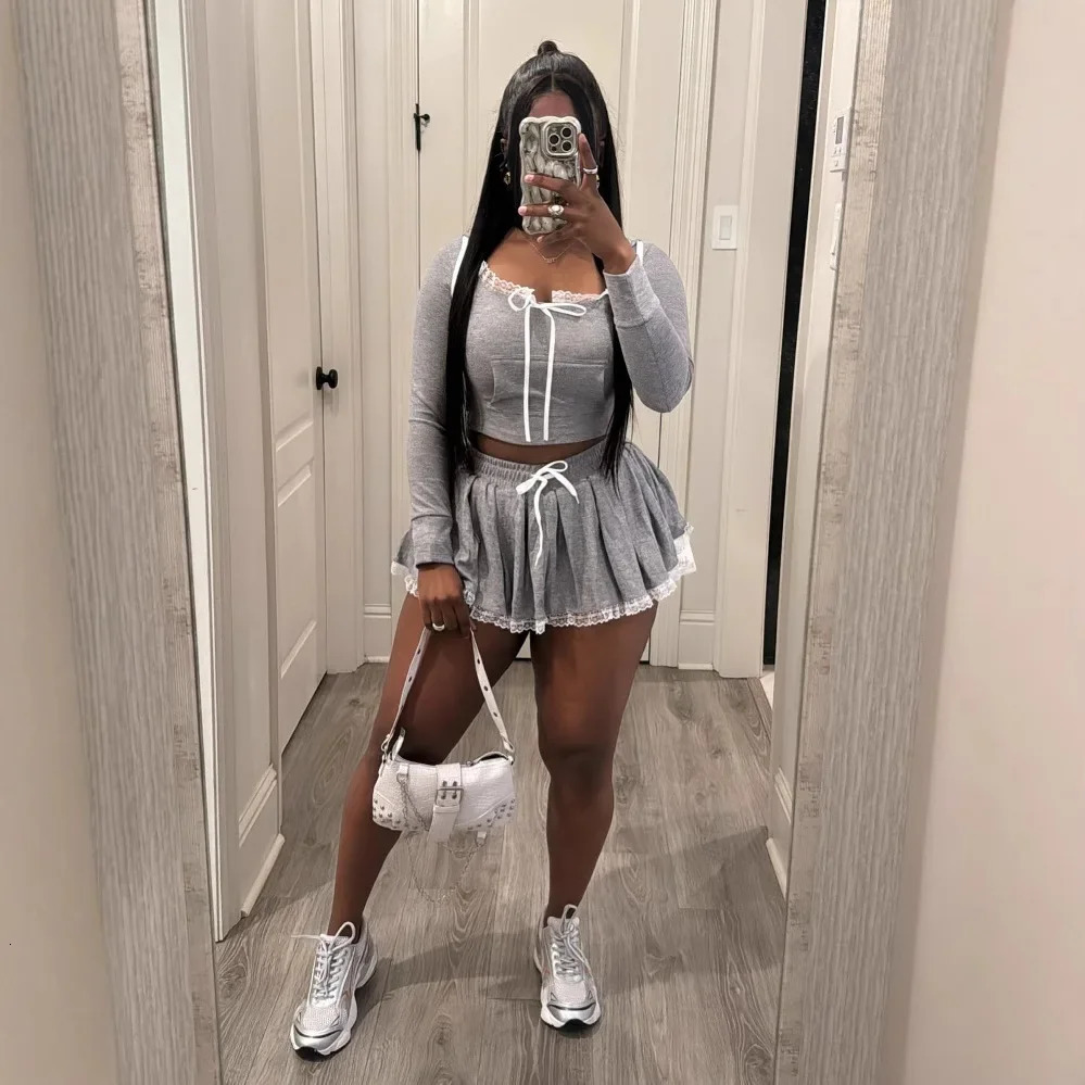 FF1391 Lace Patchwork Short Hoodie Sexy Set Womens Half Skirt Casual Two-Piece Set Streetwear Trendy Ensemble 250403
