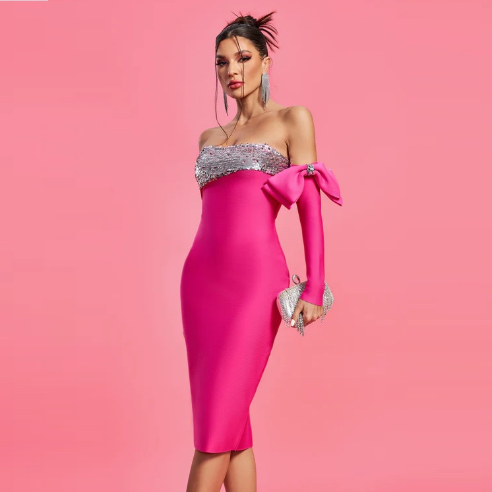 Hot Pink Glitter Sexy Luxury Homecoming Party Dress One Sleeve Bow Sequins Sparkly Short Knee Length Women Fuchsia Cocktail Evening Gowns Plus Size